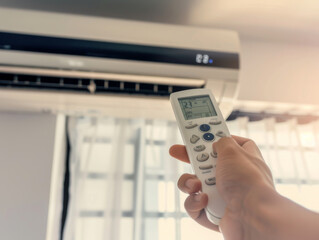 Hand adjusting temperature on air conditioner with remote control