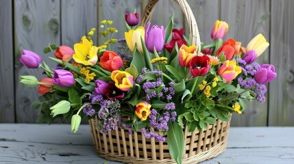 A delightful basket filled with vibrant tulips a charming bouquet of assorted flowers the perfect Mother s Day gift