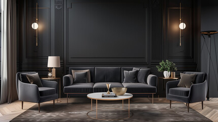 Modern luxury interior design of a living room with a black wall, sofa and armchair in a dark gray color and warm lighting lamps. Interior background mock up for presentation or wallpaper,  - Powered by Adobe