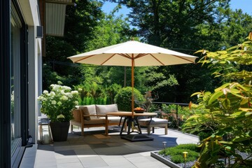 Photo of patio outside sitting area nature architecture furniture. - Powered by Adobe