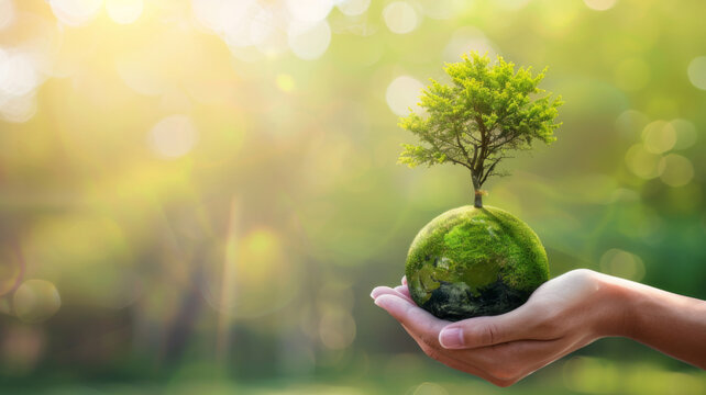 Hand human holding green earth  tree  ESG