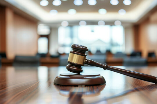 Symbolism Gavel Table  Courtroom Representing Justice, Law, Legal Proceedings. Concept Justice system