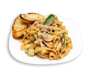 A plate of Italian Carbonara Pasta on a white background