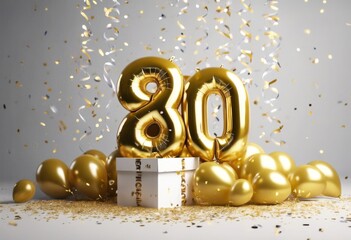 'Happy birthday confetti box. 3D balloon surprise 80th Rendering gold number celebration 80 party background anniversary decoration celebrate invitation event age signs festive card year'