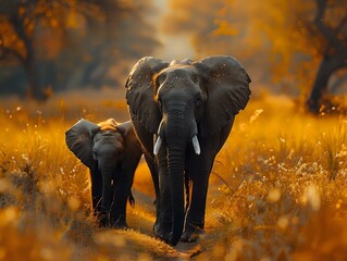 Harmony of Nature: African Elephants in Golden Light