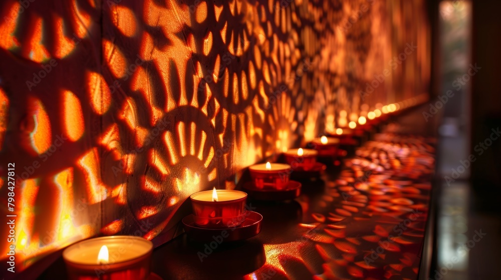 Poster the intricate patterns of light and shadow dance on the wall of votive candles adding a touch of mag