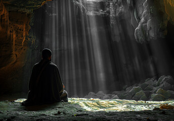 Obraz premium User.A Muslim man was praying in the dark cave, with sunlight shining through an opening on his back creating a silhouette effect. Tranquility during spiritual practice