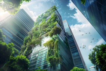 a skyscraper with a lush green facade nestled among other high-rises in a bustling urban center, creating a vibrant urban ecosystem that harmonizes architecture with nature