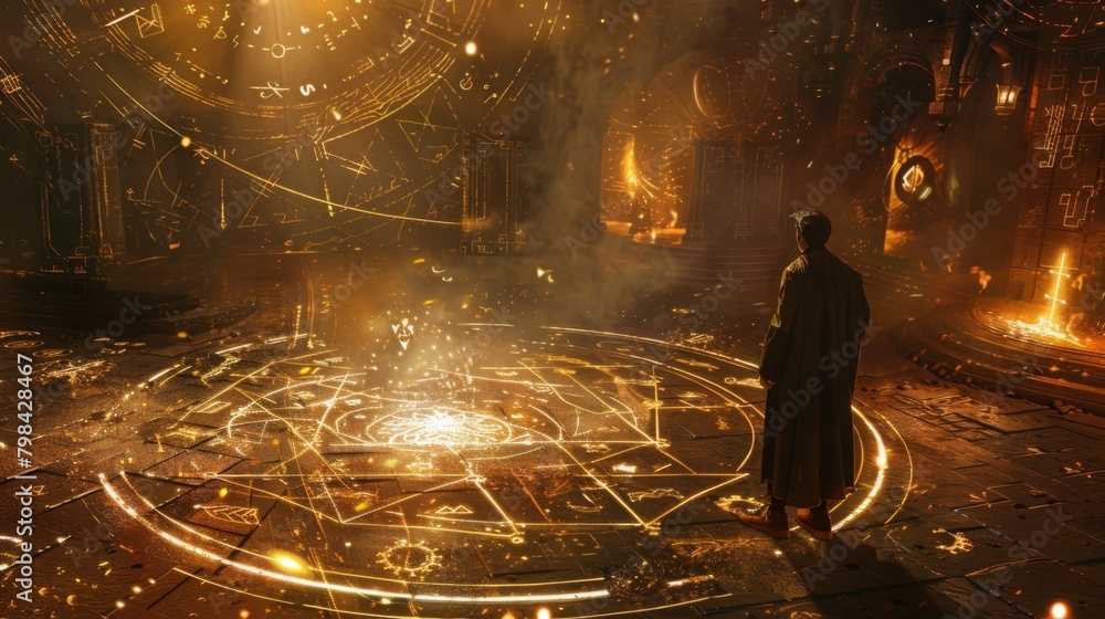 Aufkleber in the depths of a mystical laboratory an alchemist stands before a glowing geometric array of symbo