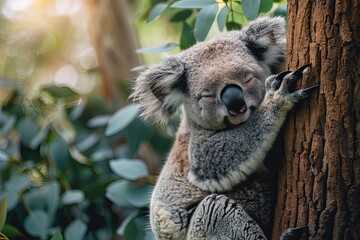 Koala, phascolarctos cinereus, Female carrying Young on its Back,Koala (Phascolarctos cinereus) sitting on tree branch and looking down at camera.A cute koala.