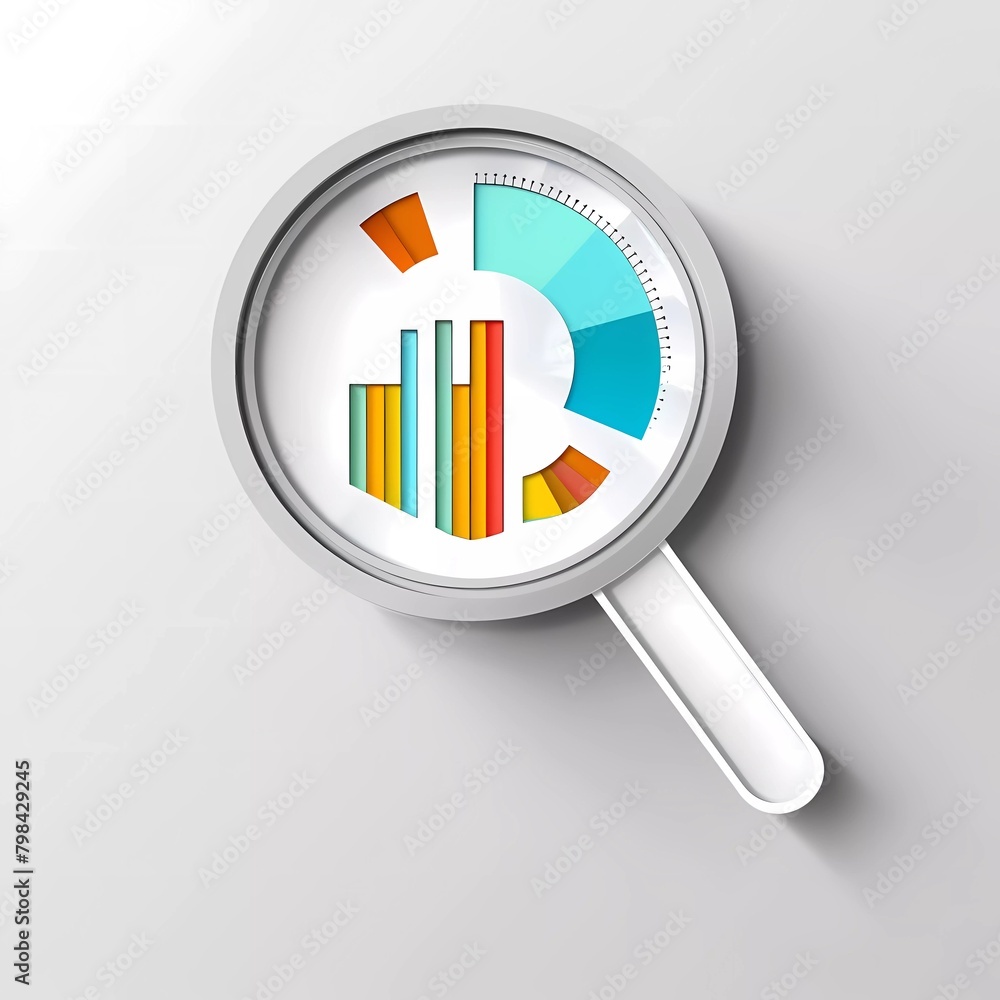 Poster paper cut magnifying glass and data analysis icon isolated on gray background. paper art style. vect