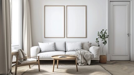Interior view of the living room of a modern minimalist Scandinavian house, with comfortable sofa chairs, poster frame decorations on the white wall and minimalist interior plants.