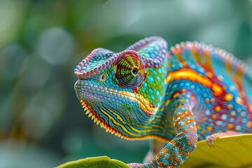 Chameleon on the flower. Beautiful extreme close-up.Yellow blue lizard Panther chameleon isolated on white background,lizard