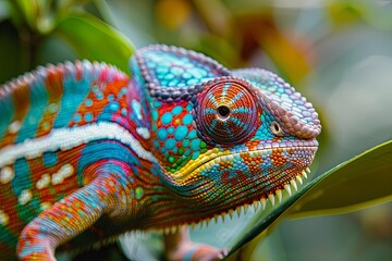 Chameleon on the flower. Beautiful extreme close-up.Yellow blue lizard Panther chameleon isolated on white background,lizard