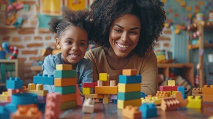 Mother and daughter are building blocks indoors