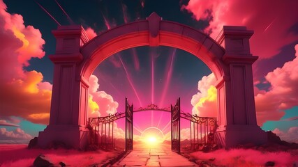 A depiction of the gates to heaven open on bright neon cloudy sky background. Door to heaven. Arched passage open to heaven`s sky. Hope metaphor. Mystical glowing exit. Open door template, mock up