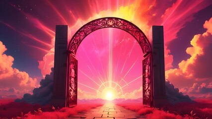 A depiction of the gates to heaven open on bright cloudy sky background. Door to heaven. Arched passage open to heaven`s sky. Door opening for way to Heaven and Success with brilliant future ahead. 