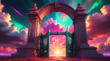 A depiction of the gates to heaven open on bright cloudy sky background. Door to heaven. Arched...