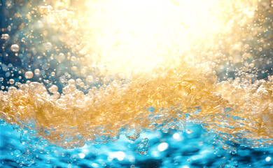 水とイエローゴールドの飛沫とまばゆい光のイラスト背景
