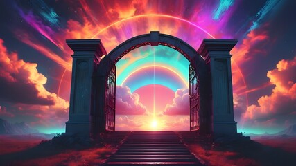 A depiction of the gates to heaven open on bright cloudy sky background. Door to heaven. Arched passage open to heaven`s sky. Hope metaphor. Mystical glowing exit. Open door template, mock up