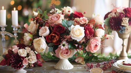 Obraz na płótnie Canvas An elegant visual concept intertwining rose bouquets into wedding holiday and floral garden decor styles