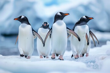  a group of penguins walking, braving the harsh Antarctic conditions, their distinctive black and white plumage standing out against the ice and snow 