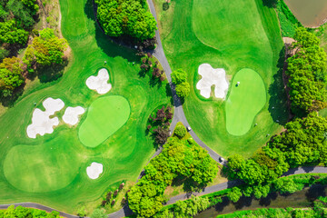 Aerial view of green grass and trees on a golf fields. green golf course in summer.