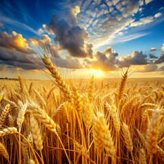 wheat field yellow spikelets and sky genera - obrazy, fototapety, plakaty