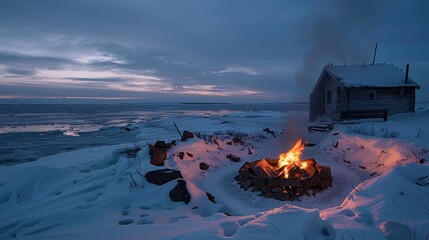 In the middle of a frozen tundra a traditional Finnish sauna sits heated by a large bonfire outside..