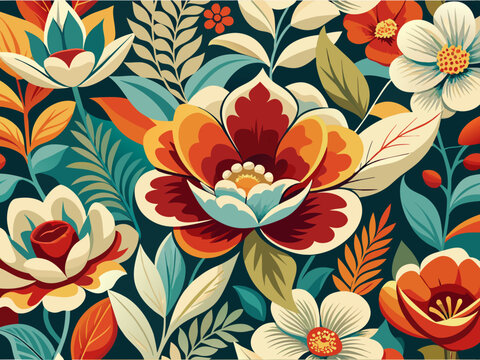 Ilustraci&oacute;n vectorial de un colorido patr&oacute;n con flores y hojas