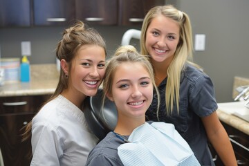 Smiling Dental Patient with Two Friendly Dental Hygienists in Clinic