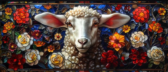 Stained glass with cute sheep and colorful flowers. Easter background or greeting card