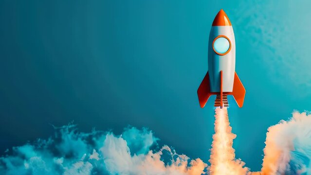 Orange and white rocket launching with smoke against blue background