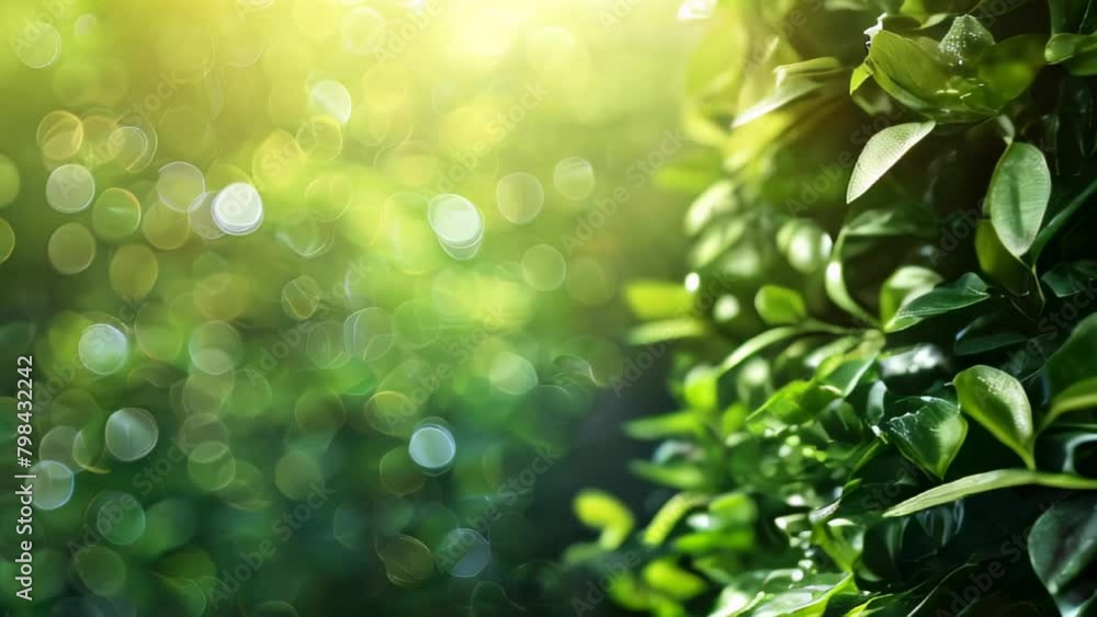 Poster sunlight filtering through vibrant green leaves, creating bokeh effect