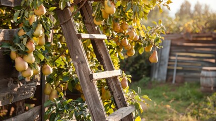 Ripe Pears Hanging from Tree Next to Wooden Ladder