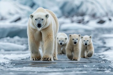 Polar Bear ,Ursus maritimus, family of polar bears navigating the icy Arctic landscape, Polar bear Ursus maritimus walking in the corner,portrait of large white bear on ice