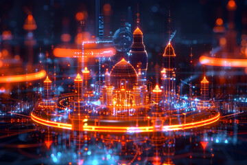 Obraz premium Captivating Futuristic Cityscape with Hologram Projections and Wireframe Attractions in a Hyper-Detailed,Photographic 3D Render