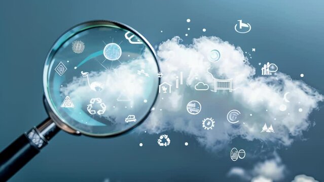 Magnifying glass focuses on CO2 cloud amidst environmental icons, underscoring urgency to curb emissions and tackle climate change through sustainability. Conceptual image raises awareness.
