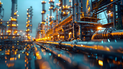 Fototapeta na wymiar Captivating Nighttime Glimpse of a High-End Oil Refinery's Intricate Machinery and Illuminated Architecture