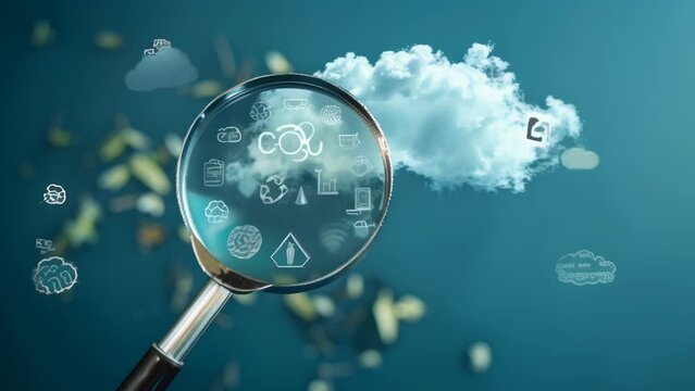 Magnifying glass focuses on CO2 cloud amidst environmental icons, underscoring urgency to curb emissions and tackle climate change through sustainability. Conceptual image raises awareness.
