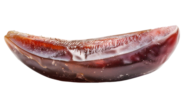  Detailed capture of a pitted date, emphasizing the sticky texture and natural sheen through macro photography, transparent background, PNG Cutout
