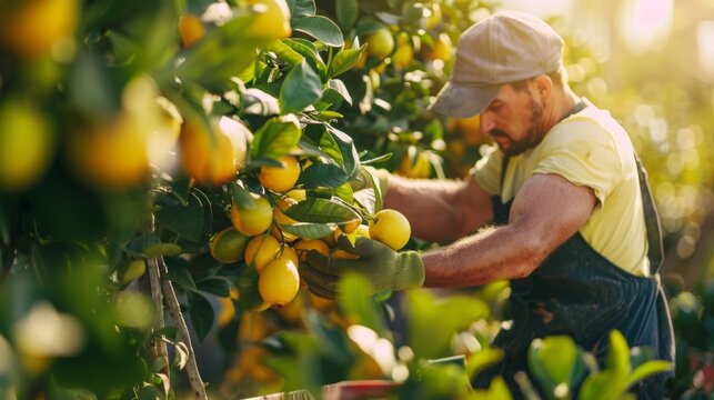 Man Harvesting Lemons in an Orchard