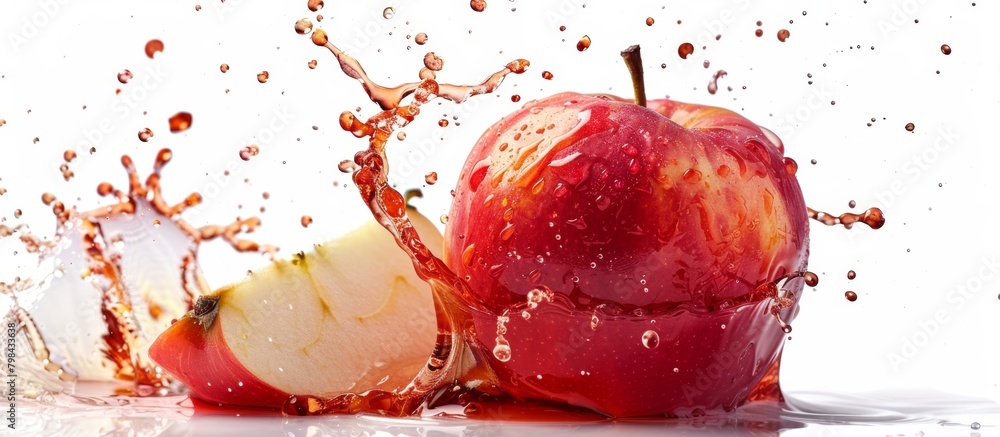 Aufkleber a vibrant red apple covered in a refreshing splash of water, creating a visually striking image
