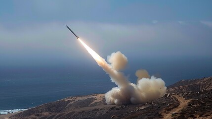 A cruise missile in the air. Missile armament. Showing the power of weapons. Generative AI