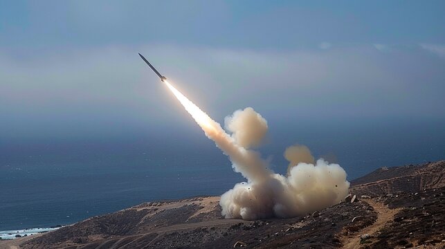 A cruise missile in the air. Missile armament. Showing the power of weapons. Generative AI