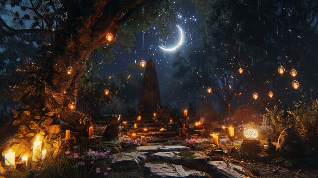 In the darkness of the ancient forest a coven of witches performs a sacred alchemical rite under the guidance of a shooting star streaking . .