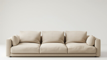 A beige sofa with cushions against a plain white background, minimalist interior concept. Generative AI
