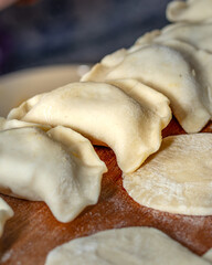 Beautiful rows with dumplings. Ukrainian national dish. Close-up.
