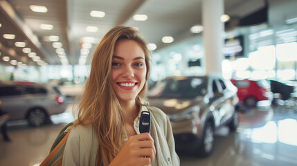 A happy woman holding a car key in a dealership, concept of a new purchase, with cars and showroom background. Generative AI