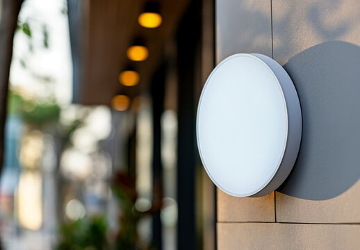 A blank round signboard attached to a building exterior, for mockup. Blurry street background. Concept of branding identity. Generative AI